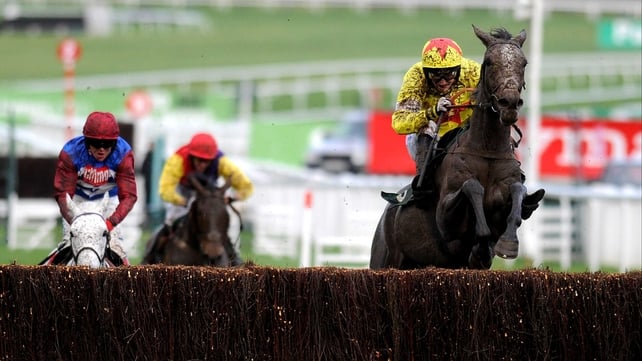 Making a big splash. Unioniste (right) on his way to victory in the IronSpine Charity Challenge Gold Cup at Cheltenham