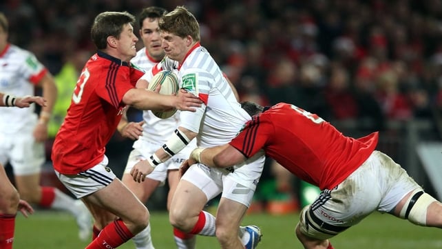 Dave Strettle is tackled by Ronan O'Gara and James Coughlan during last week's tie at Thomond Park