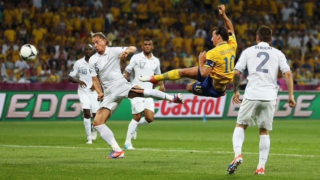 Zlatan Ibrahimovic scoring one of the goals of the EURO 2012 tournament against France in Ukraine