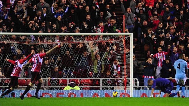 Joe Hart is beaten by Adam Johnson's shot for Sunderland's goal
