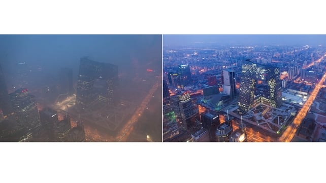 This combination of photos shows (L) the Beijing skyline during severe pollution today, and the same view (R) taken during clear weather on 4 February, 2012 This combination of photos shows (L) the Beijing skyline during severe pollution today, and the same view (R) taken during clear weather on 4 February, 2012
