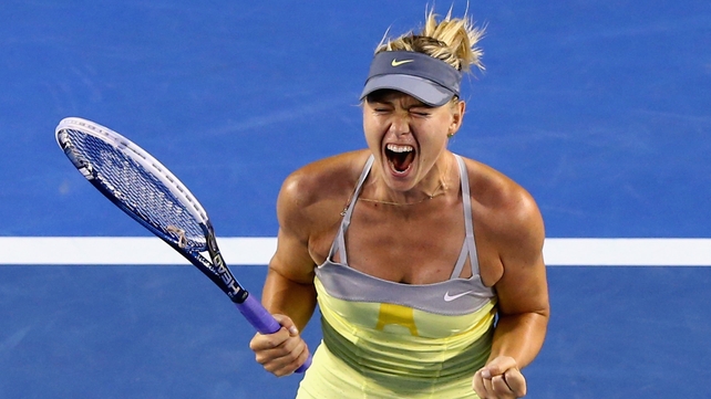 Maria Sharapova shows her delight after beating Venus Williams