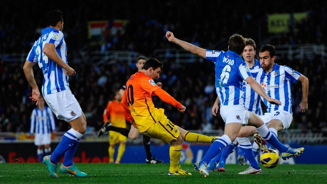 Barcelona star Lionel Messi scored for a Primera Division record 10th game in a row in the loss to Real Sociedad