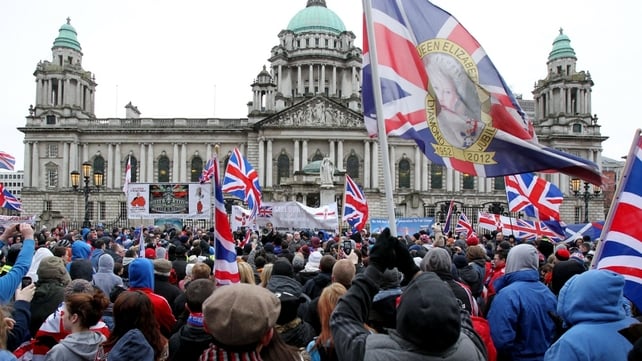 Loyalists rallied outside City Hall in ongoing protests over restrictions to the flying of the Union flag Loyalists rallied outside City Hall in ongoing protests over restrictions to the flying of the Union flag