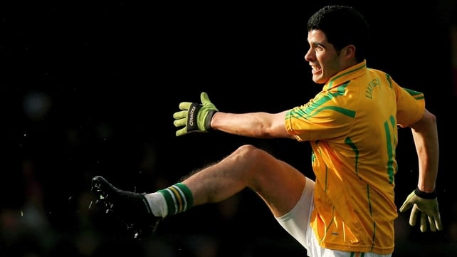 Emlyn Mulligan kicks a point for the victorious Leitrim team