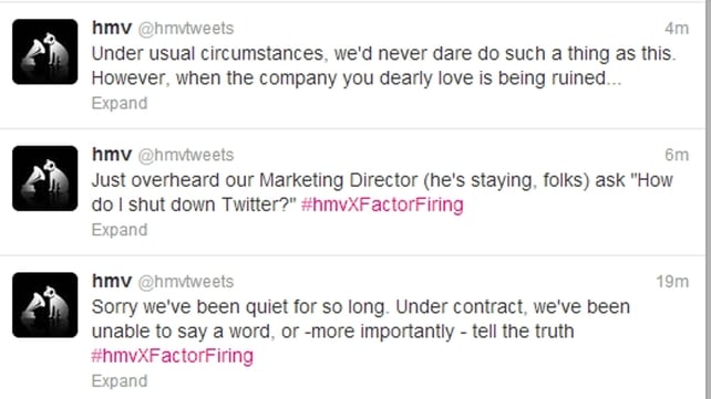 HMV's 62,561 Twitter followers learned that the staff were to lose their jobs as it happened HMV's 62,561 Twitter followers learned that the staff were to lose their jobs as it happened
