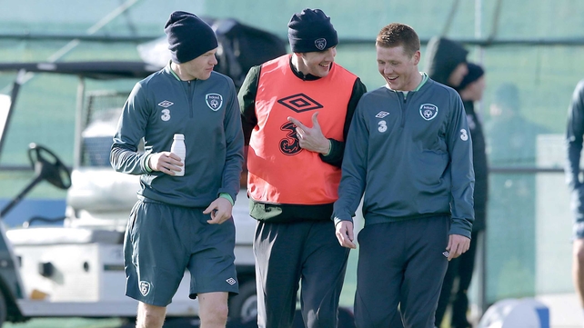 James McClean, John O'Shea and James McCarthy share a joke at Republic of Ireland training yesterday