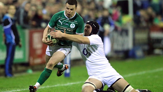 Ireland's Gerry Hurley eludes England Billy Johnson