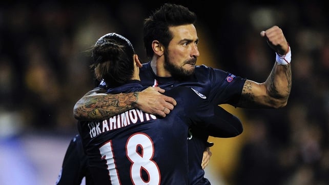 Ezequiel Lavezzi celebrates his goal with Zlatan Ibrahimovic