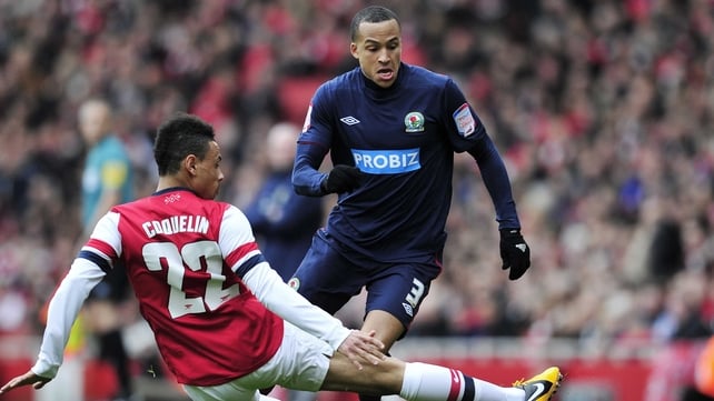 Blackburn Rovers defender Martin Olsson vies with Arsenal's Francis Coquelin