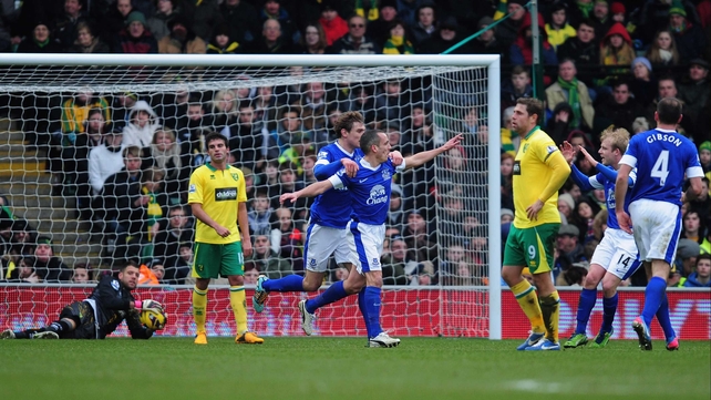 Leon Osman celebrates his first-half goal