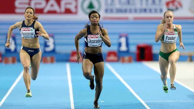 Amy Foster (right) in action in the 60m heats
