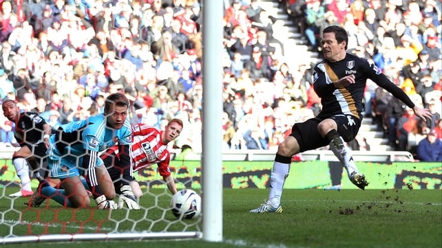 Sasha Riether scores Fulham's second goal at the Stadium of Light