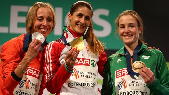 Runner-up Corinna Harrer of Germany, winner Sara Moreira of Portugal and third-placed Fionnuala Britton