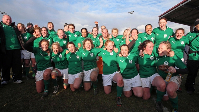 The Irish women celebrate their victory over Scotland