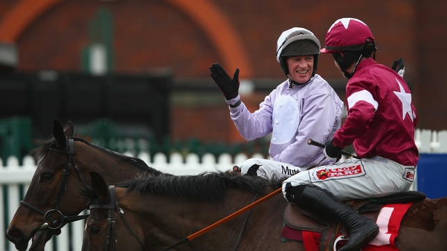 Paul Carberry and Solwhit is congratulated by Bryan Cooper on Bog Warrior