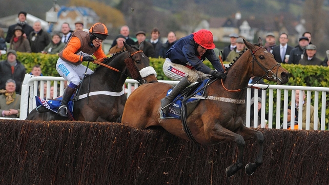 Bobs Worth leading stable-companion Long Run over the last in the Cheltenham Gold Cup