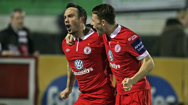 Goal scorer Raffaele Cretaro (L) and Lee Lynch celebrate Sligo's early opener