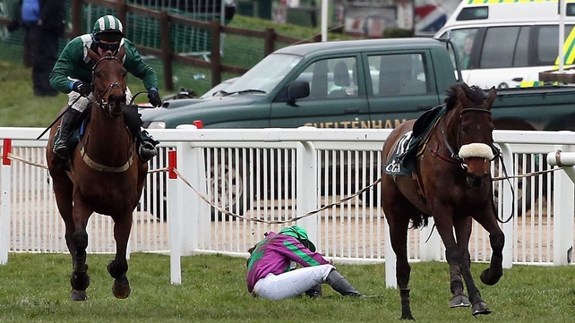Jane Mangan was unseated from Oscar Delta in the closing stages of the Foxhunter Chase when her mount swerved suddenly to his left