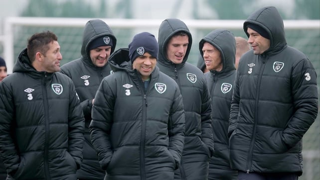 Robbie Keane (l) shares a joke with John O'Shea, Jonathan Walters, Ciaran Clark, Paul Green and David Forde
