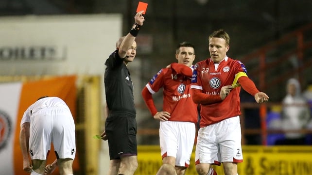 Shelbourne captain Ian Ryan was sent off after picking up a second yellow at Tolka Park