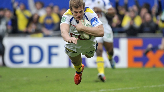 Aurelien Rougerie dives over for a try in Clermont's win over Montpellier