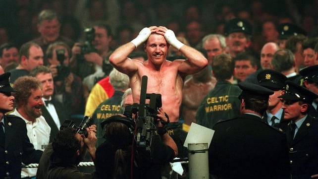 Stephen Collins celebrates after beating Chris Eubank in 1995