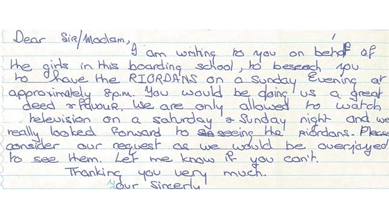 Letter from Boarding School about The Riordans (1977)