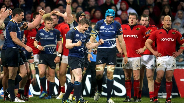 Brian O'Driscoll celebrates Leinster's win at Thomond Park