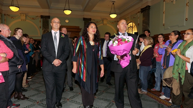 MPs Kevin Hague, Louisa Wall and Tau Henare are greeted by supporters after the vote MPs Kevin Hague, Louisa Wall and Tau Henare are greeted by supporters after the vote