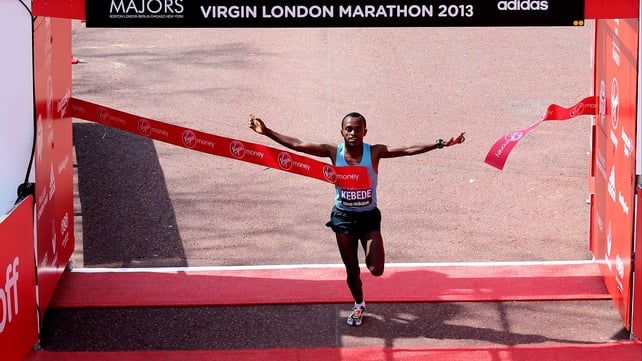 Tsegaye Kebede crosses the finish line