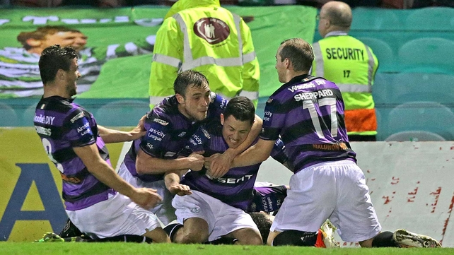 Bill Dennehy is mobbed following his last gasp clincher for Rovers