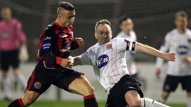 Bohemians' Chris Lyons (in action here last week with Stephen O'Donnell of Dundalk) grabbed a brace at Dalymount Park
