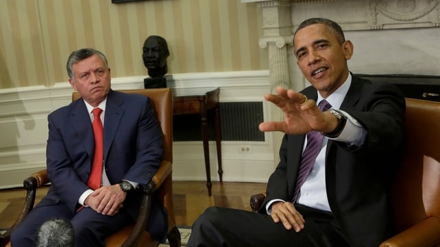 US President Barack Obama (R) speaks to the media with King Abdullah II of Jordan (L) before holding a bilateral meeting at the White House US President Barack Obama (R) speaks to the media with King Abdullah II of Jordan (L) before holding a bilateral meeting at the White House