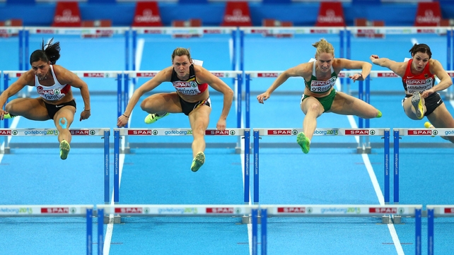 Nevin Yanit (l) of Turkey won gold at the European Indoor 60m hurdle with Derval O'Rourke (2r) of Ireland finishing in fourth
