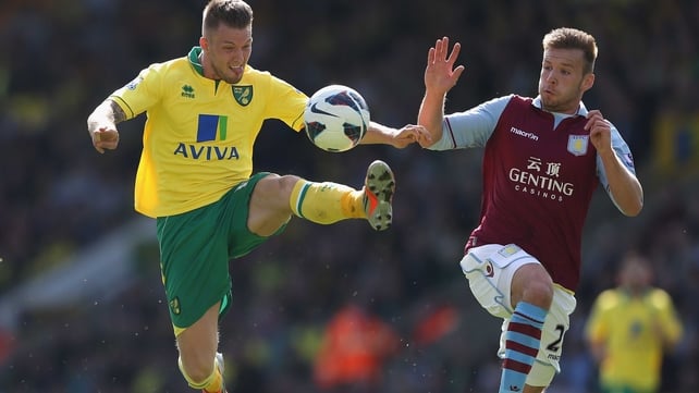 Anthony Pilkington of Norwich City tangles with Villa's Andreas Weimann
