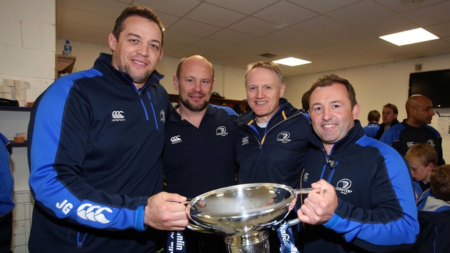 Leinster coaches Jono Gibbes, Greg Feek, Joe Schmidt and Richie Murphy celebrate with the Amlin Challenge Cup