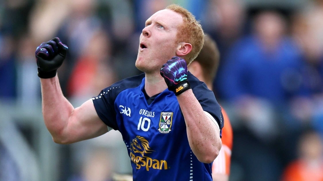 Cian Mackey looks to the heavens after scoring Cavan's goal