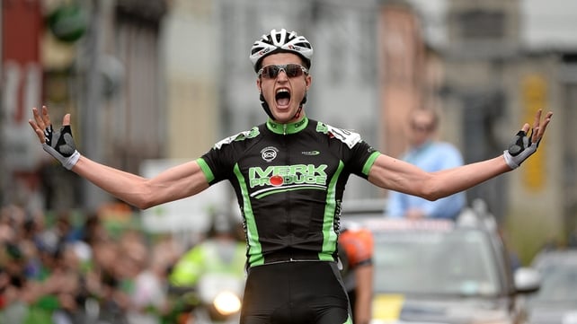 Conor Dunne celebrates winning the opening stage into Longford