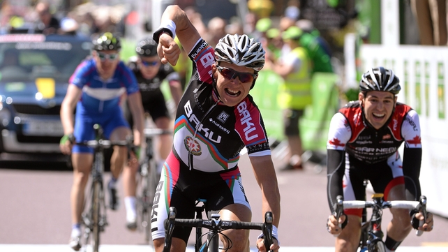 Krill Pozdnyakov (Azerbaijan Synergy Baku) celebrates after crossing the line to win stage four of the An Post Rás