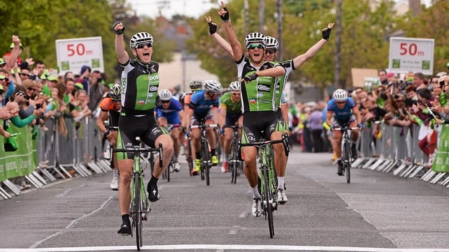 Sam Bennett (left) heads a clean sweep of podium places on the final stage for the An Post Chain Reaction Sean Kelly team