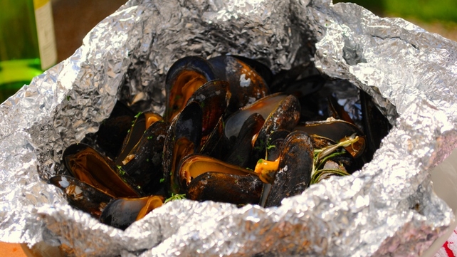 Mussels in a bag with garlic and wine Mussels in a bag with garlic and wine