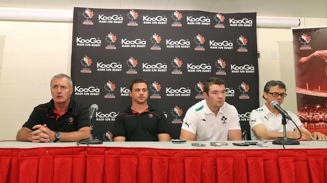 Canada coach Kieran Crowley and captain Aaron Carpenter pictured with counterparts Les Kiss and Peter O'Mahony at today's press conference ahead of Saturday's match