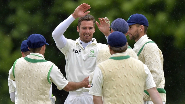 Max Sorensen celebrates his fifth wicket