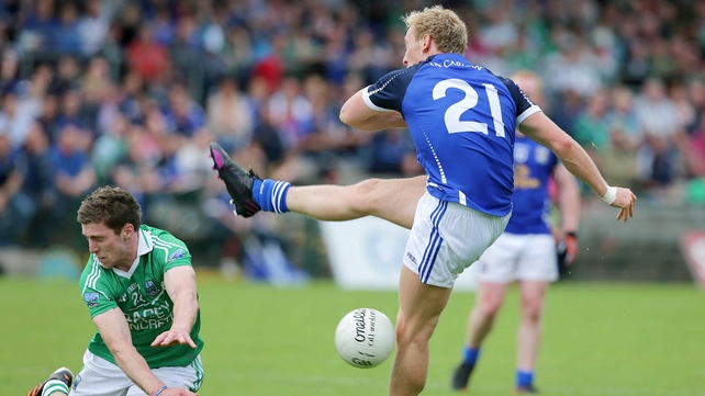 Fermanagh's Eoin Donnelly blocks an effort from Declan McKiernan