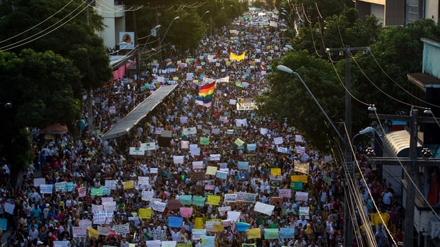 Thousands of people march on Avenida Conde Boa Vista, in the state of Pernambuco, Brazil Thousands of people march on Avenida Conde Boa Vista, in the state of Pernambuco, Brazil