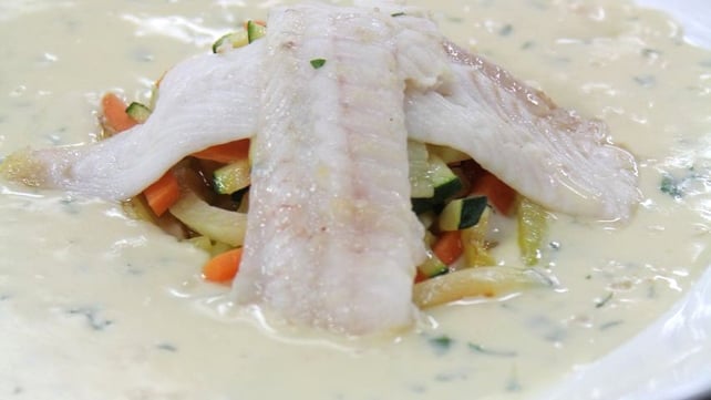 Lemon Sole with spring vegetables in a Bercy sauce Lemon Sole with spring vegetables in a Bercy sauce