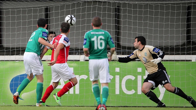Christy Fagan heads home Pat's second goal at Richmond Park