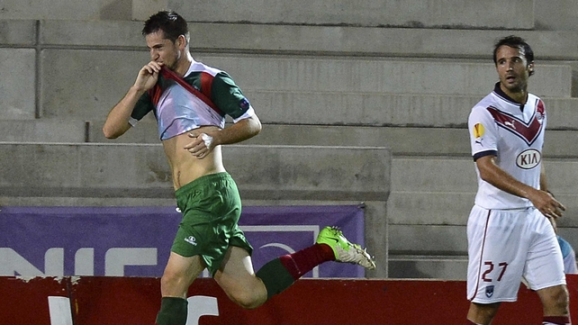 Valentin Roberge celebrates after scoring a goal against Bordeaux in the Europa League