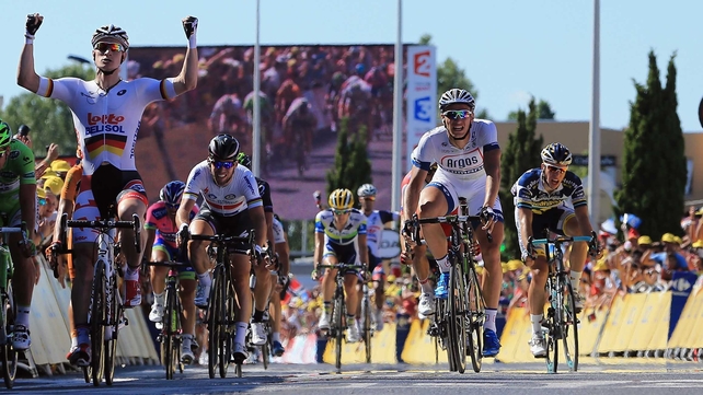 Andre Greipel (left) comes home to win stage six of the Tour de France